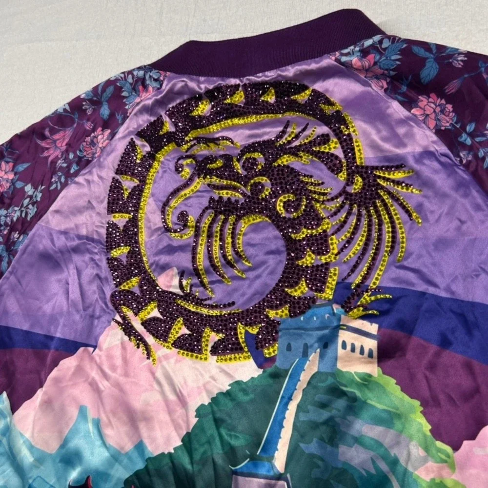 Rebel Athletic Bomber Jacket Womens L Beijing Satin Sequin Dragon Great Wall